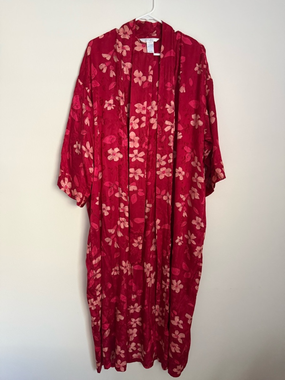 August Silk 100% Silk Floral Robe Belted Pockets Red Pink Lounge Size L
